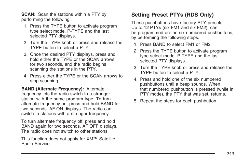 Setting preset ptys (rds only) | Buick 2007 Rainier User Manual | Page 243 / 534
