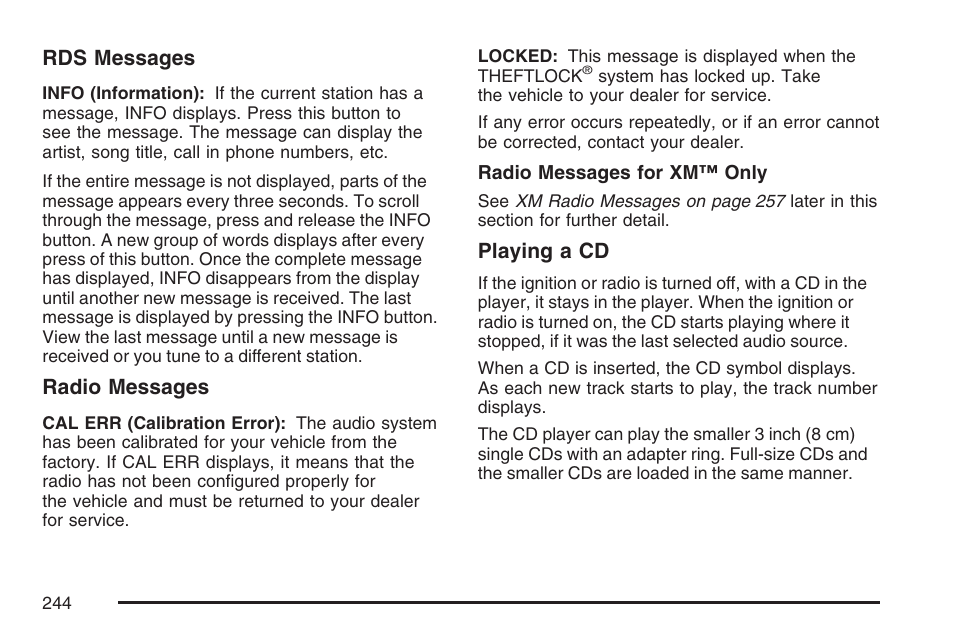 Rds messages, Radio messages, Playing a cd | Buick 2007 Rainier User Manual | Page 244 / 534