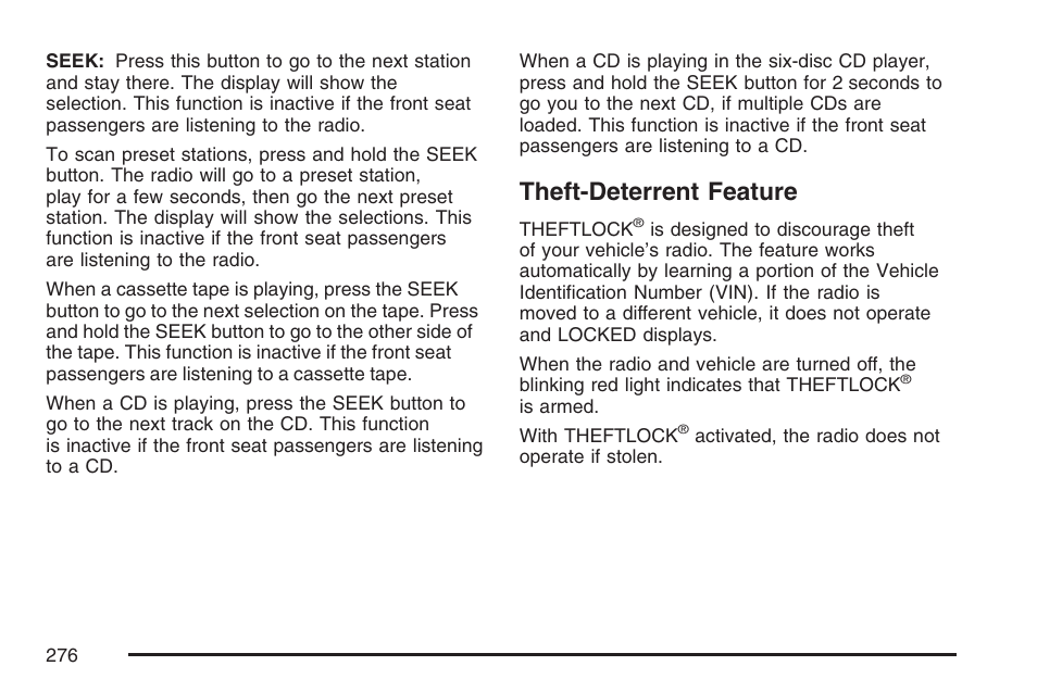 Theft-deterrent feature | Buick 2007 Rainier User Manual | Page 276 / 534