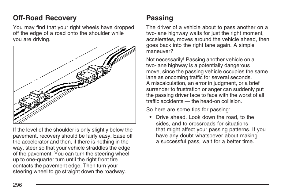 Off-road recovery, Passing, Off-road recovery passing | Buick 2007 Rainier User Manual | Page 296 / 534
