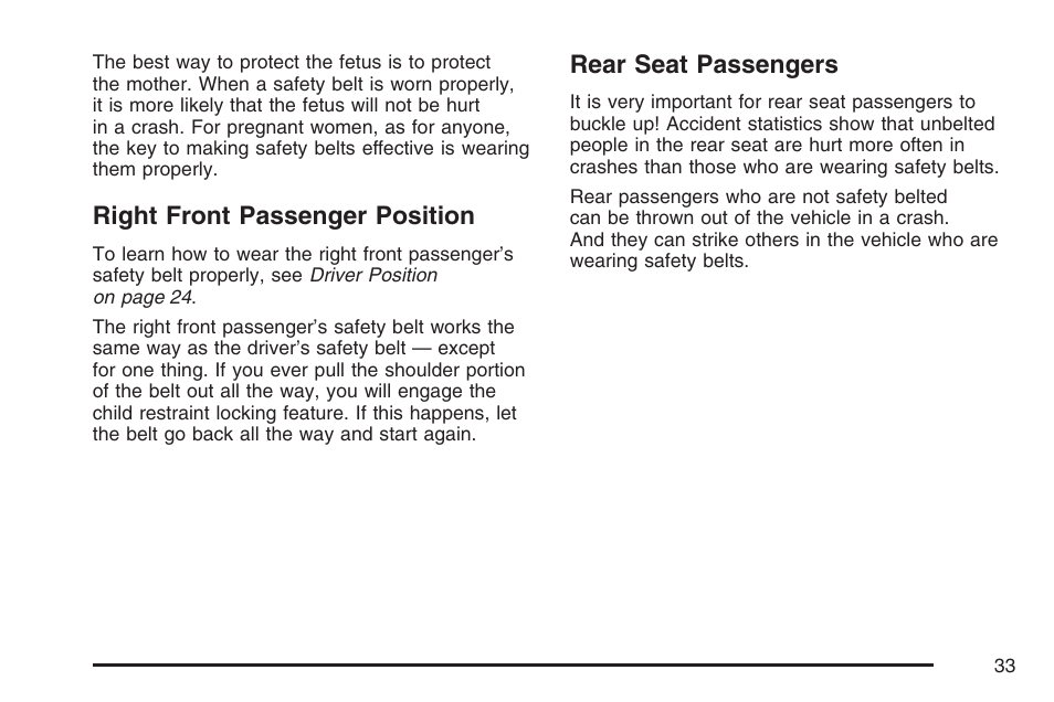 Right front passenger position, Rear seat passengers | Buick 2007 Rainier User Manual | Page 33 / 534