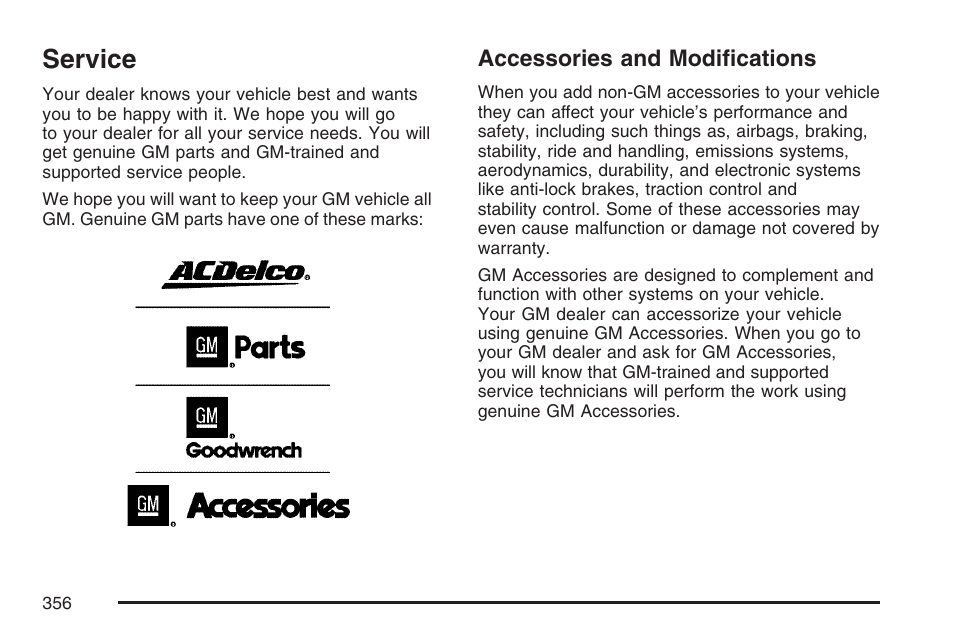 Service, Accessories and modifications | Buick 2007 Rainier User Manual | Page 356 / 534