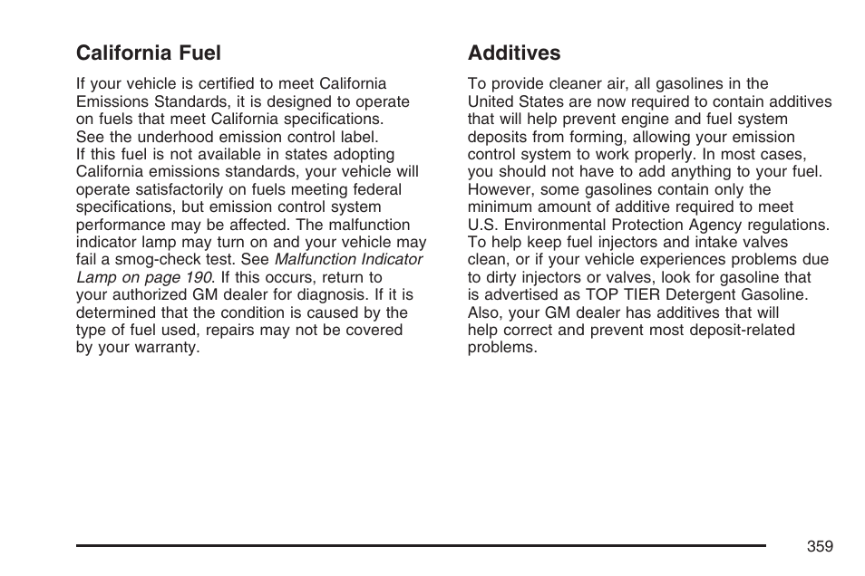 California fuel, Additives, California fuel additives | Buick 2007 Rainier User Manual | Page 359 / 534