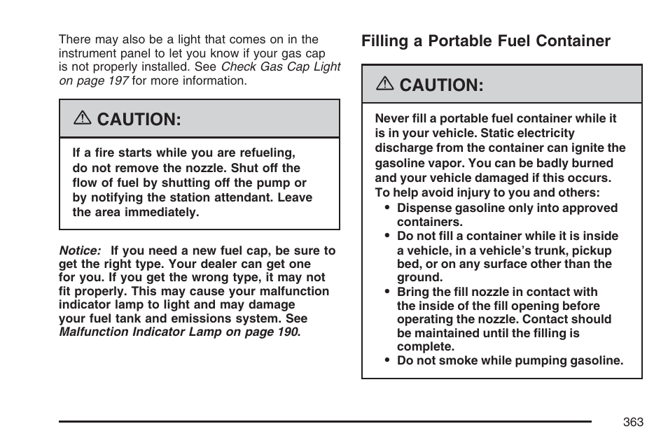 Filling a portable fuel container, Caution | Buick 2007 Rainier User Manual | Page 363 / 534