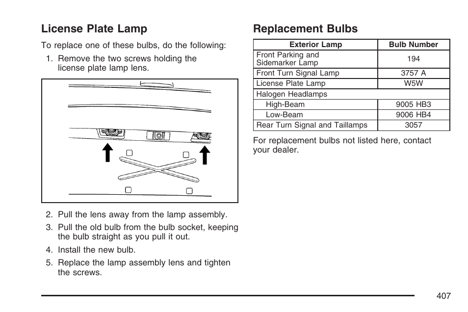 License plate lamp, Replacement bulbs, License plate lamp replacement bulbs | Buick 2007 Rainier User Manual | Page 407 / 534