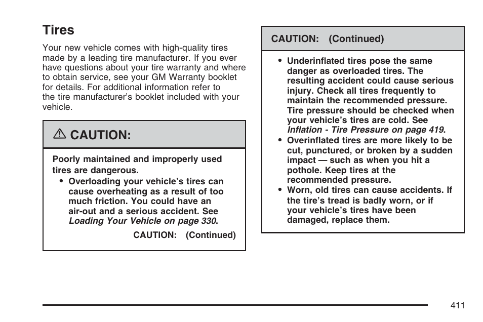Tires, Caution | Buick 2007 Rainier User Manual | Page 411 / 534