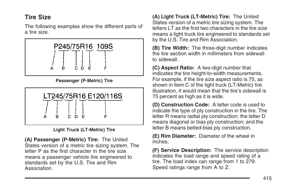 Tire size | Buick 2007 Rainier User Manual | Page 415 / 534