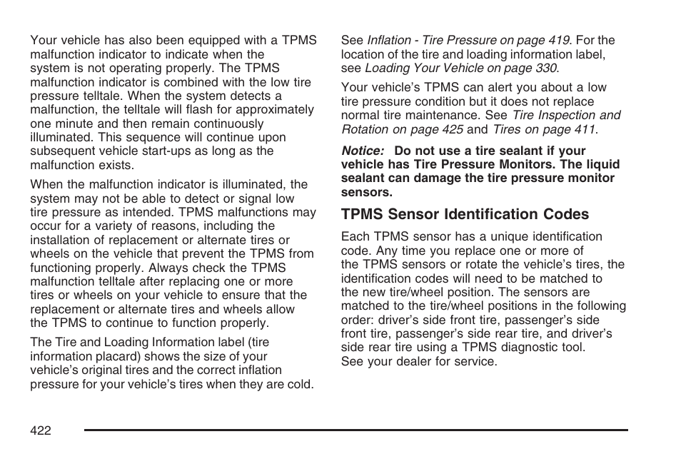 Tpms sensor identification codes | Buick 2007 Rainier User Manual | Page 422 / 534