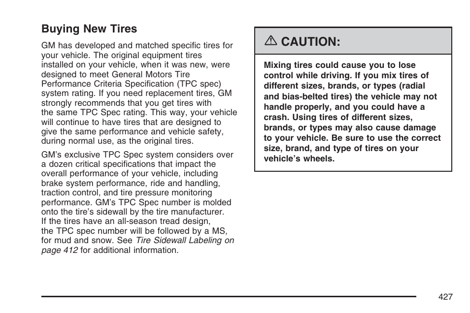 Buying new tires, Caution | Buick 2007 Rainier User Manual | Page 427 / 534