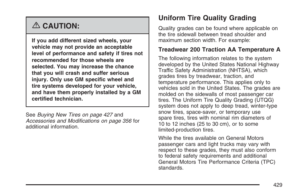 Uniform tire quality grading, Caution | Buick 2007 Rainier User Manual | Page 429 / 534