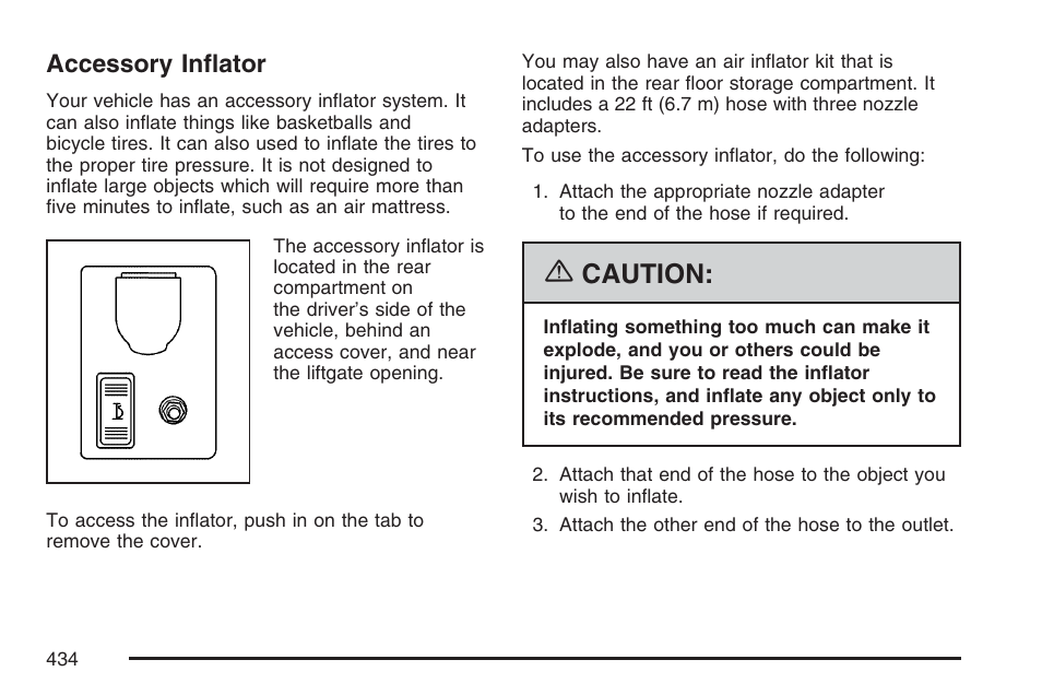 Accessory inflator, Caution | Buick 2007 Rainier User Manual | Page 434 / 534