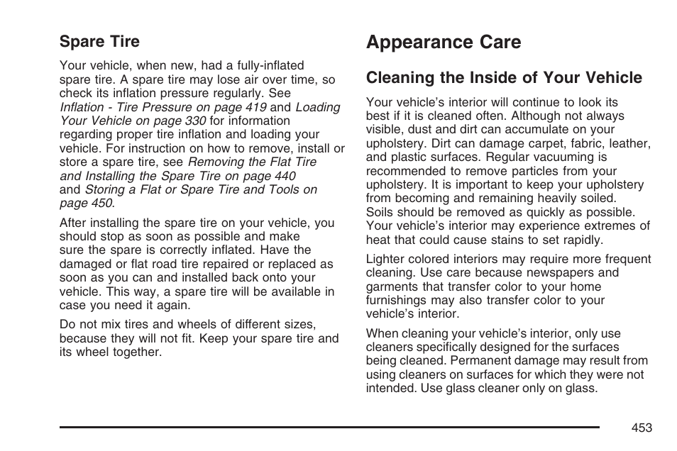 Spare tire, Appearance care, Cleaning the inside of your vehicle | Buick 2007 Rainier User Manual | Page 453 / 534