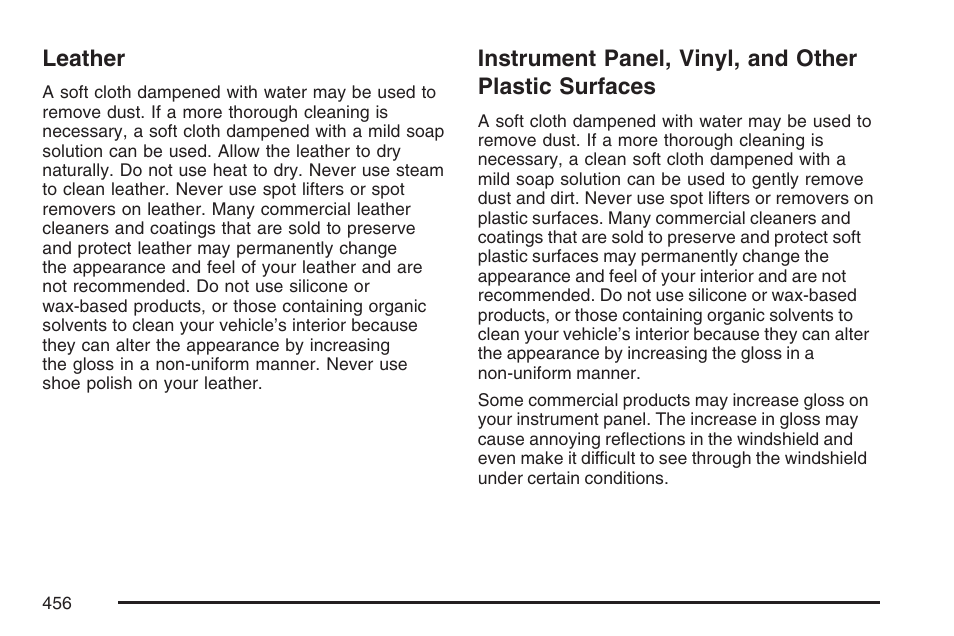 Leather, Leather instrument panel, vinyl, and other, Plastic surfaces | Buick 2007 Rainier User Manual | Page 456 / 534