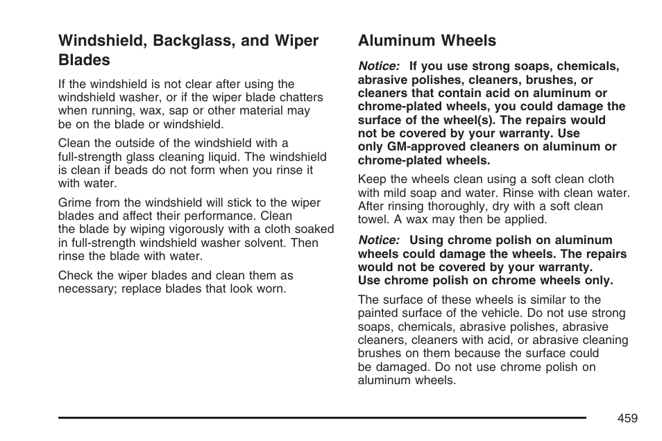 Windshield, backglass, and wiper blades, Aluminum wheels, Windshield, backglass, and | Wiper blades | Buick 2007 Rainier User Manual | Page 459 / 534