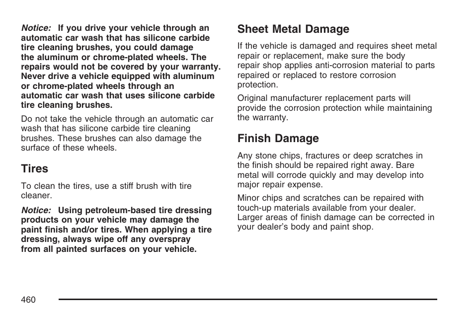 Tires, Sheet metal damage, Finish damage | Tires sheet metal damage finish damage | Buick 2007 Rainier User Manual | Page 460 / 534