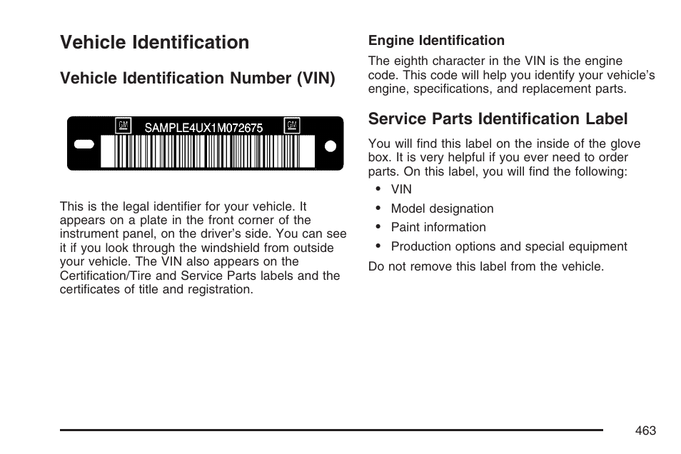 Vehicle identification, Vehicle identification number (vin), Service parts identification label | Buick 2007 Rainier User Manual | Page 463 / 534