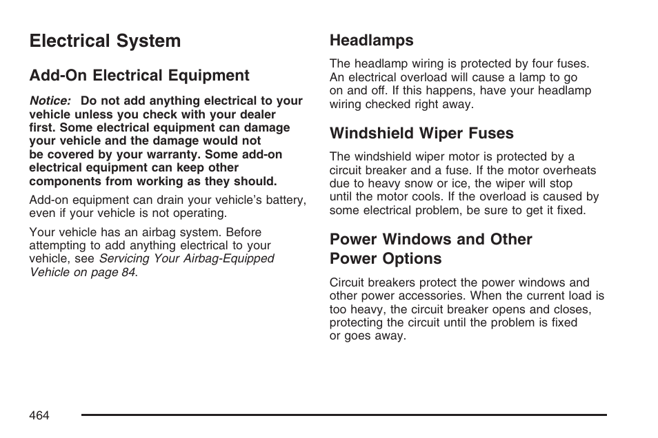 Electrical system, Add-on electrical equipment, Headlamps | Windshield wiper fuses, Power windows and other power options, Power options | Buick 2007 Rainier User Manual | Page 464 / 534