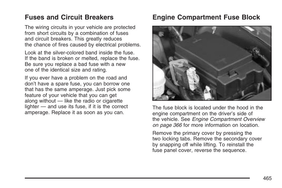 Fuses and circuit breakers, Engine compartment fuse block, Engine | Compartment fuse block | Buick 2007 Rainier User Manual | Page 465 / 534
