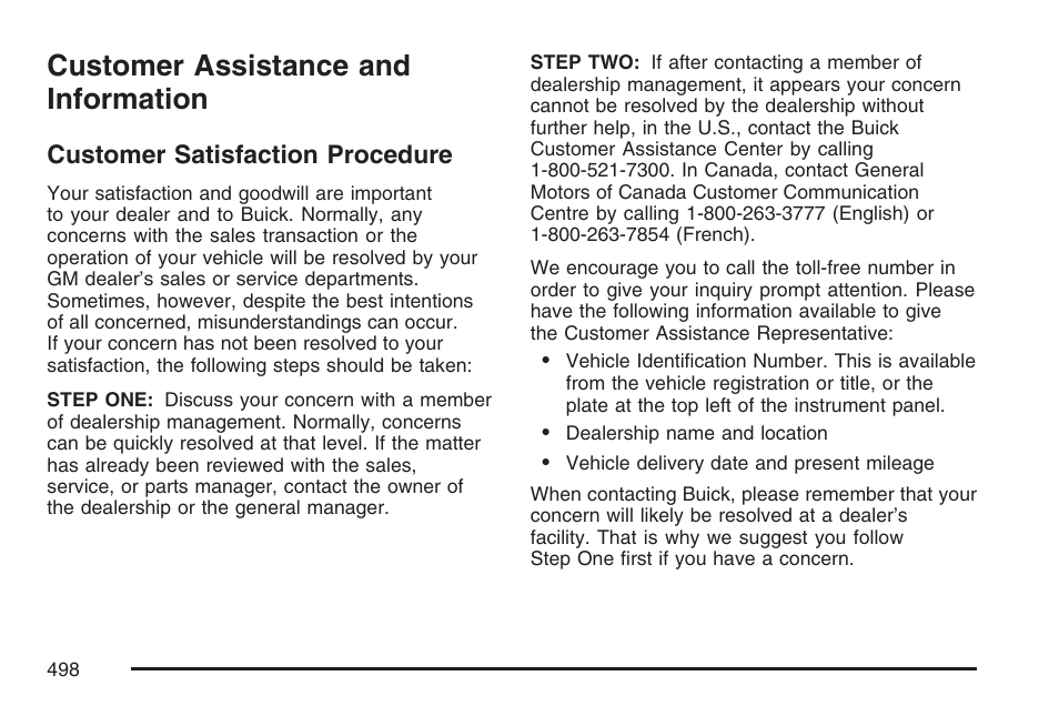 Customer assistance and information, Customer satisfaction procedure, Customer assistance and | Information | Buick 2007 Rainier User Manual | Page 498 / 534