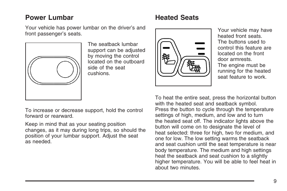 Power lumbar, Heated seats, Power lumbar heated seats | Buick 2007 Rainier User Manual | Page 9 / 534