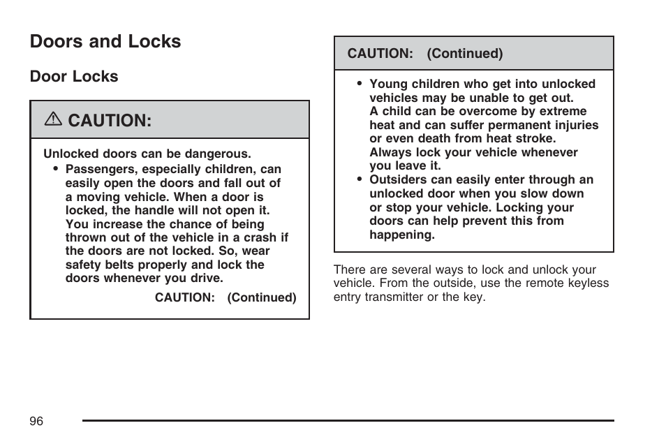 Doors and locks, Door locks, Caution | Buick 2007 Rainier User Manual | Page 96 / 534
