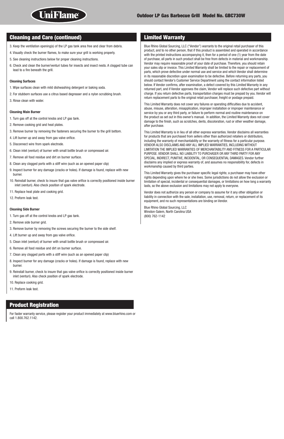 Product registration, Cleaning and care (continued) limited warranty | Blue Rhino GBC730W User Manual | Page 10 / 24