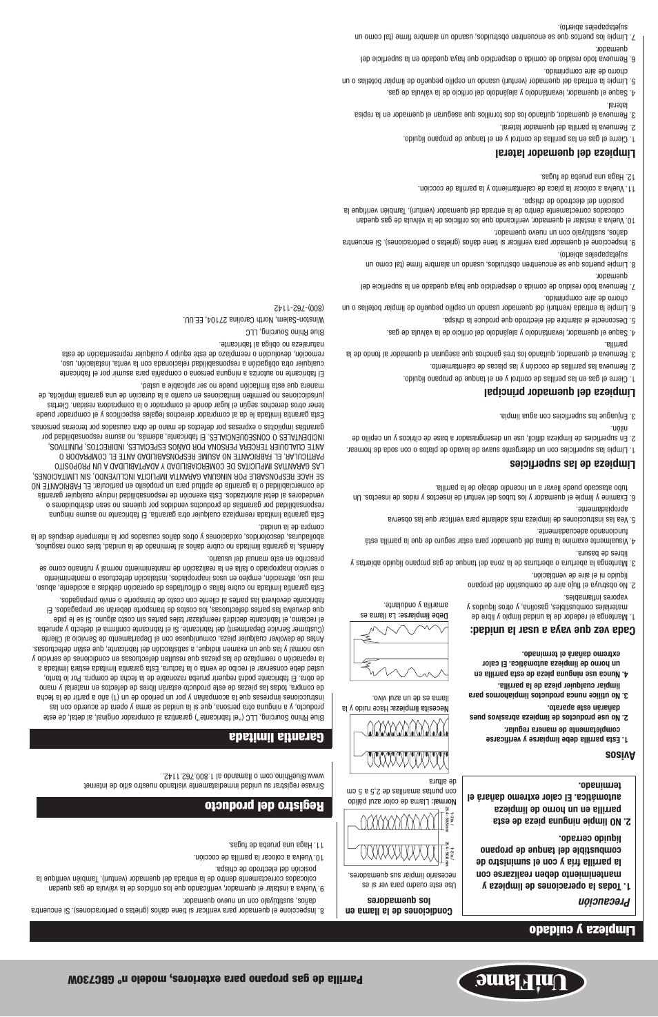 Registro del producto, Garantia limitada, Limpieza y cuidado | Precaución, Avisos, Cada vez que vay a a usar la unidad, Limpieza de las superficies, Limpieza del quemador principal, Limpieza del quemador lateral | Blue Rhino GBC730W User Manual | Page 15 / 24