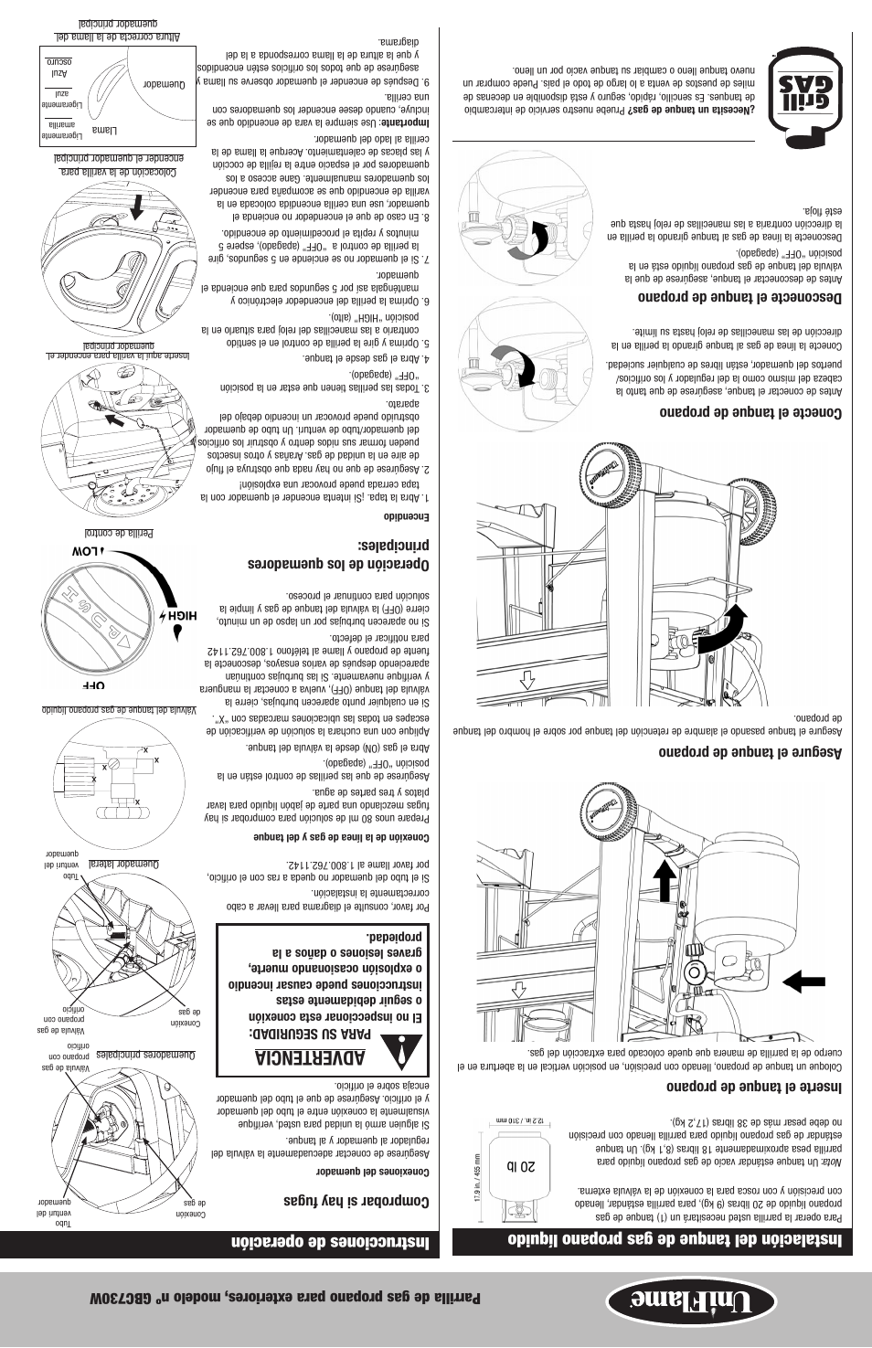 Advertencia, Instrucciones de operación, Instalación del tanque de gas propano líquido | Comprobar si hay fugas, Operación de los quemadores principales, Inserte el tanque de propano, Asegure el tanque de propano, Conecte el tanque de propano, Desconecte el tanque de propano | Blue Rhino GBC730W User Manual | Page 17 / 24