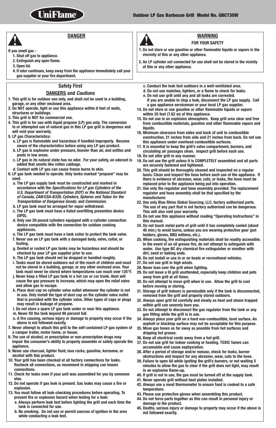 Danger, Warning, Safety first dangers and cautions | Blue Rhino GBC730W User Manual | Page 2 / 24