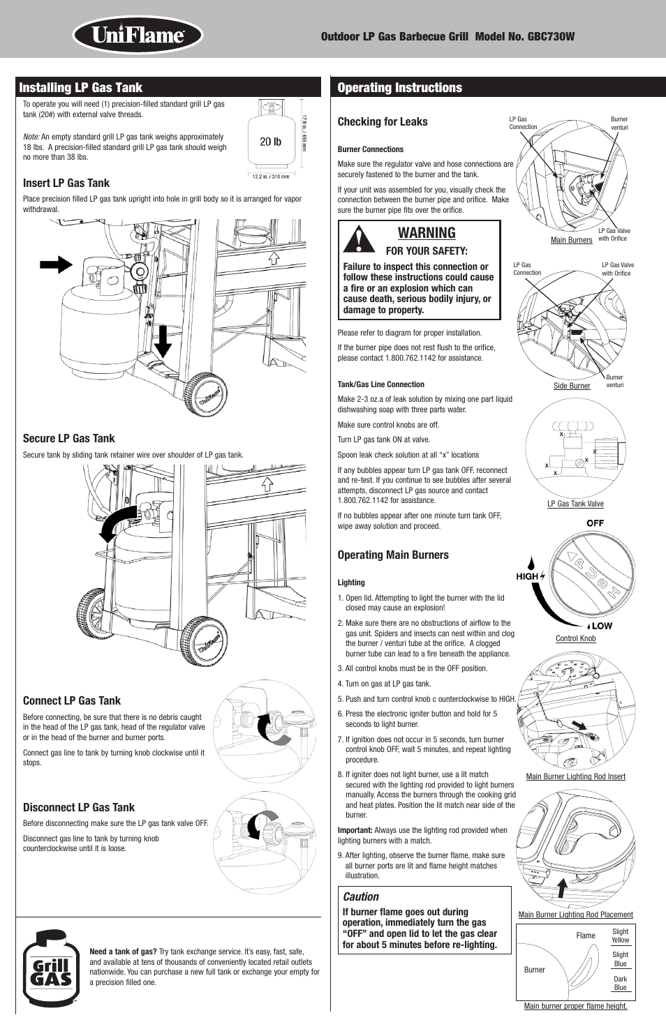 Warning, Operating instructions, Installing lp gas tank | Checking for leaks, Operating main burners, Caution, Insert lp gas tank, Secure lp gas tank, Connect lp gas tank, Disconnect lp gas tank | Blue Rhino GBC730W User Manual | Page 8 / 24