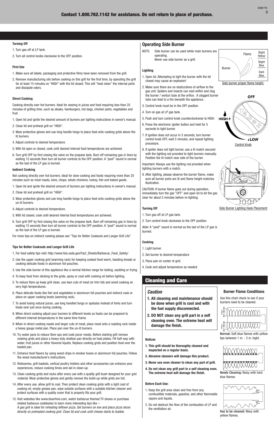 Warning, Operating instructions, Cleaning and care | Checking for leaks, Operating main burners, Caution, Operating side burner | Blue Rhino GBC730W User Manual | Page 9 / 24