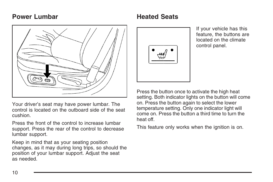 Power lumbar, Heated seats, Power lumbar heated seats | Buick 2007 LaCrosse User Manual | Page 10 / 512