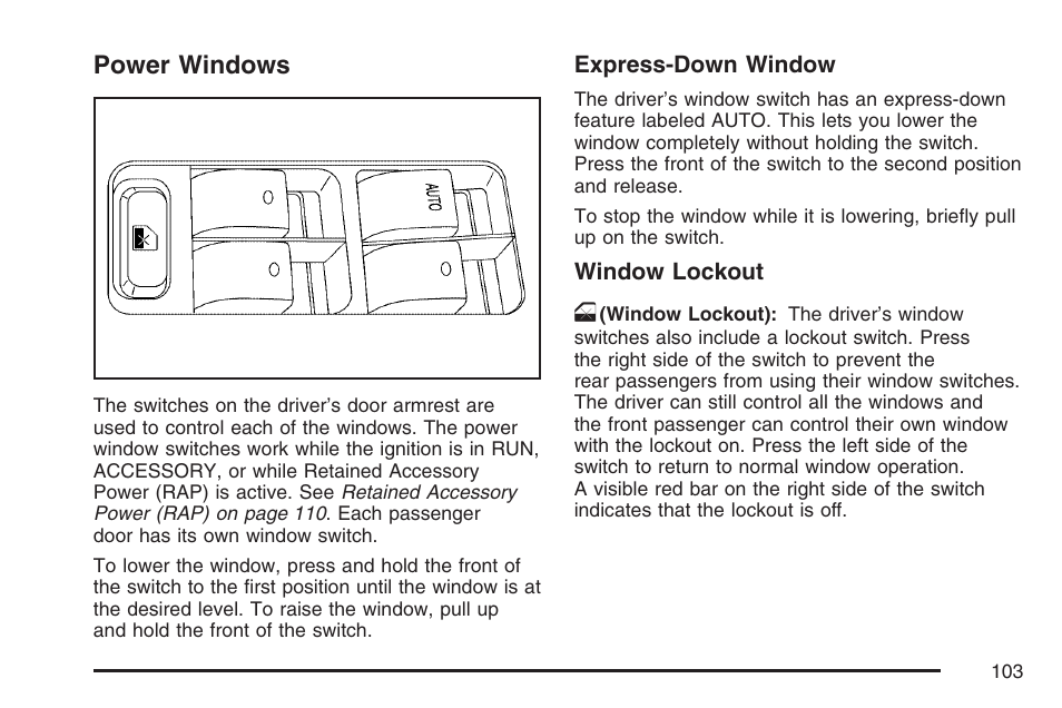 Power windows | Buick 2007 LaCrosse User Manual | Page 103 / 512