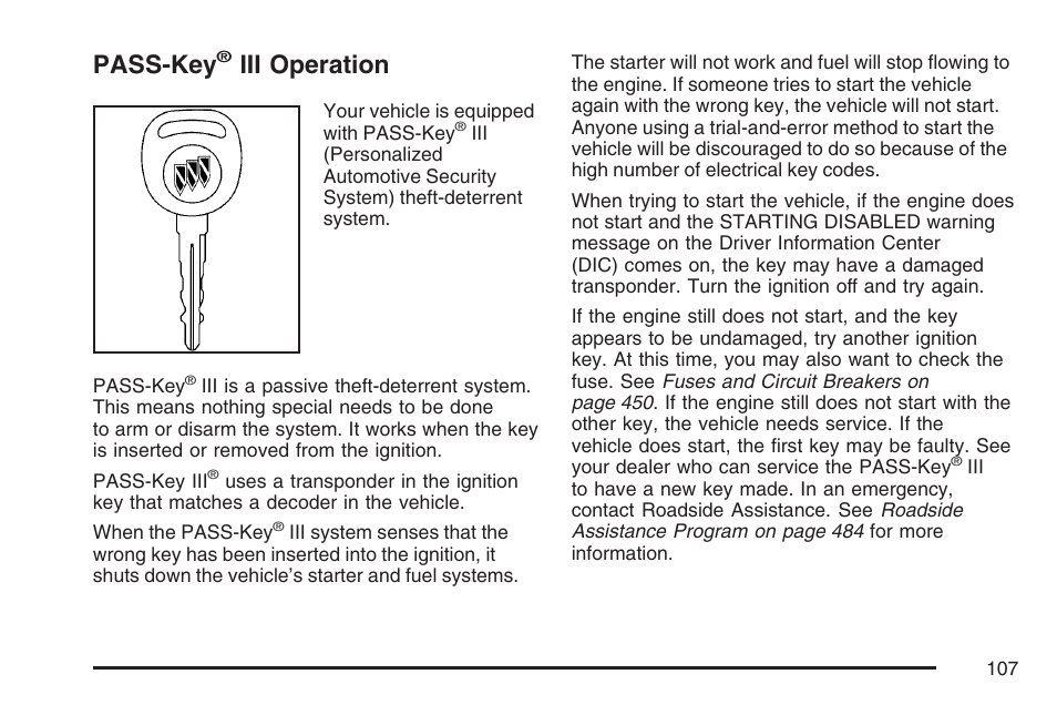 Pass-key® iii operation, Pass-key, Iii operation | Buick 2007 LaCrosse User Manual | Page 107 / 512