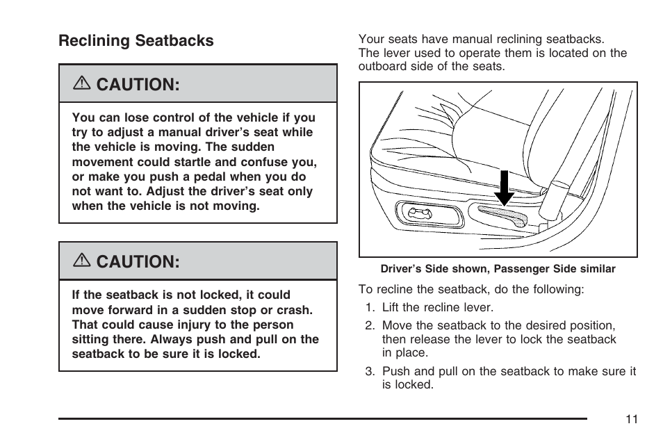 Reclining seatbacks, Caution | Buick 2007 LaCrosse User Manual | Page 11 / 512