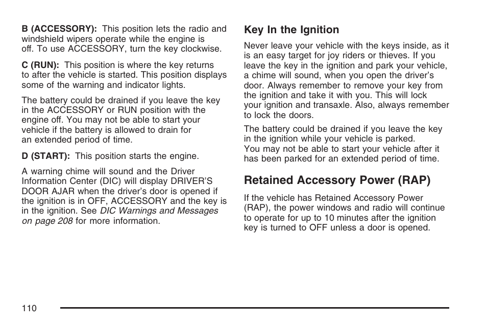 Retained accessory power (rap) | Buick 2007 LaCrosse User Manual | Page 110 / 512