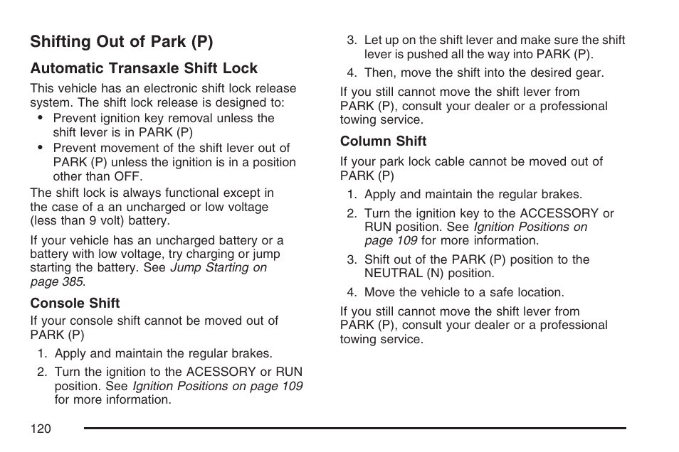 Shifting out of park (p) | Buick 2007 LaCrosse User Manual | Page 120 / 512