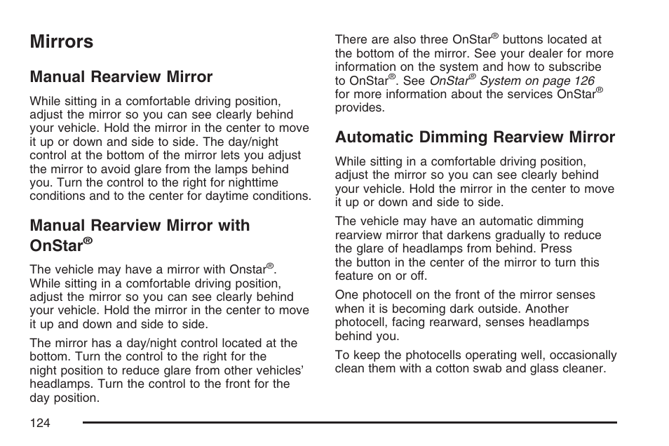 Mirrors, Manual rearview mirror, Manual rearview mirror with onstar | Automatic dimming rearview mirror | Buick 2007 LaCrosse User Manual | Page 124 / 512