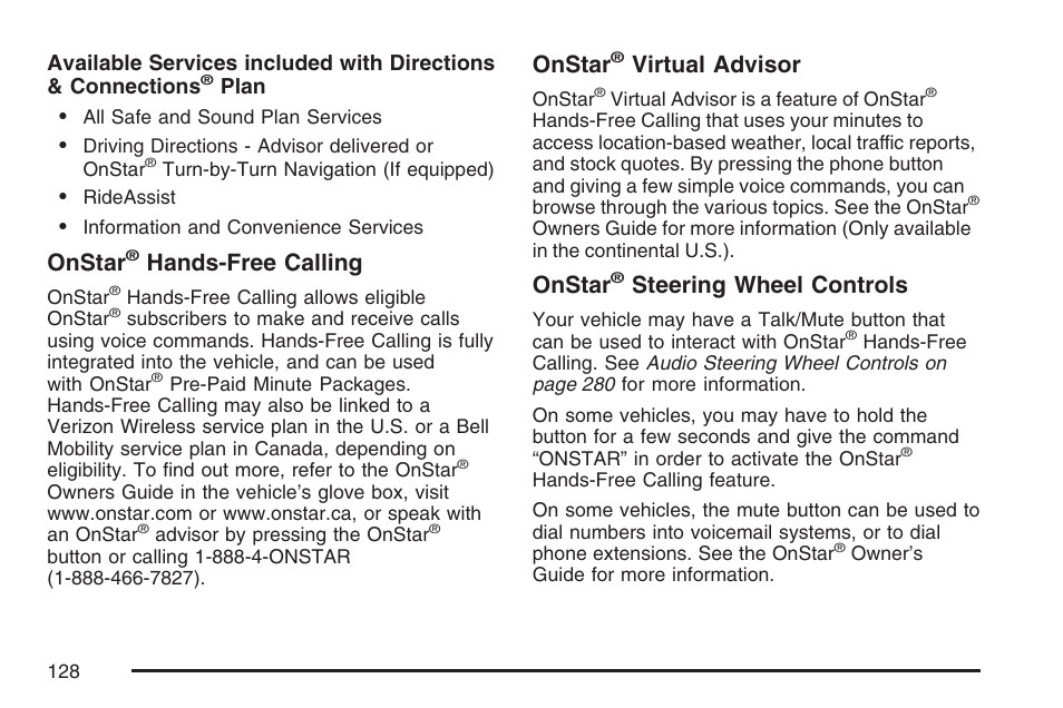 Onstar, Hands-free calling, Virtual advisor | Steering wheel controls | Buick 2007 LaCrosse User Manual | Page 128 / 512