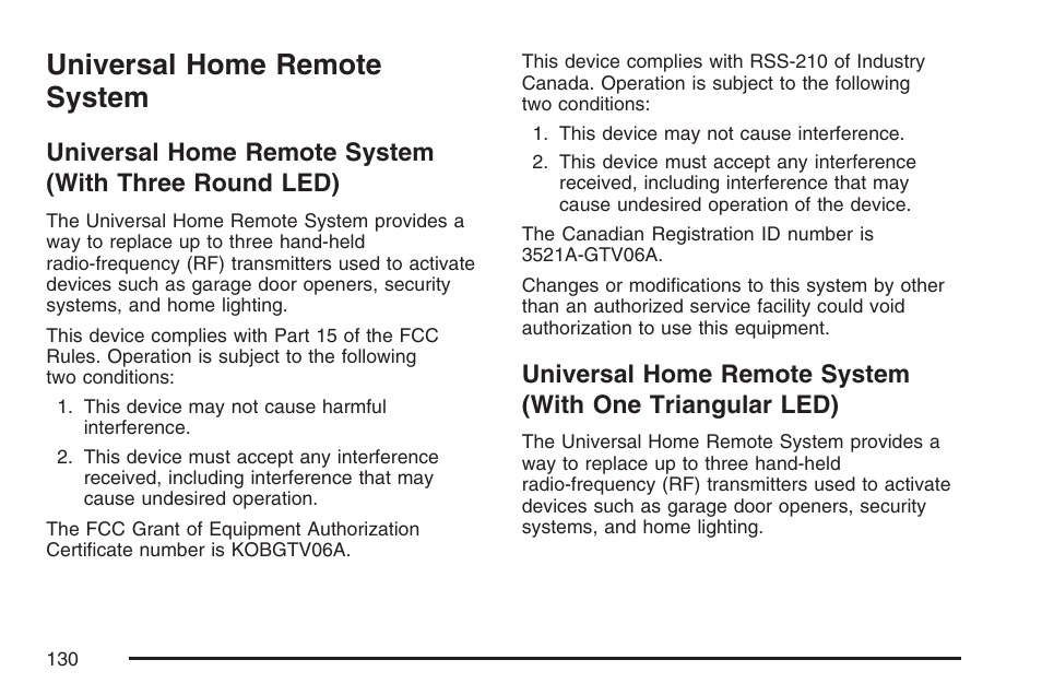 Universal home remote system, With three round led), With one triangular led) | Buick 2007 LaCrosse User Manual | Page 130 / 512