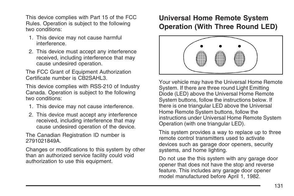 Universal home remote system, Operation (with three round led) | Buick 2007 LaCrosse User Manual | Page 131 / 512