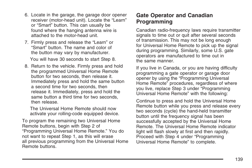 Gate operator and canadian programming | Buick 2007 LaCrosse User Manual | Page 139 / 512