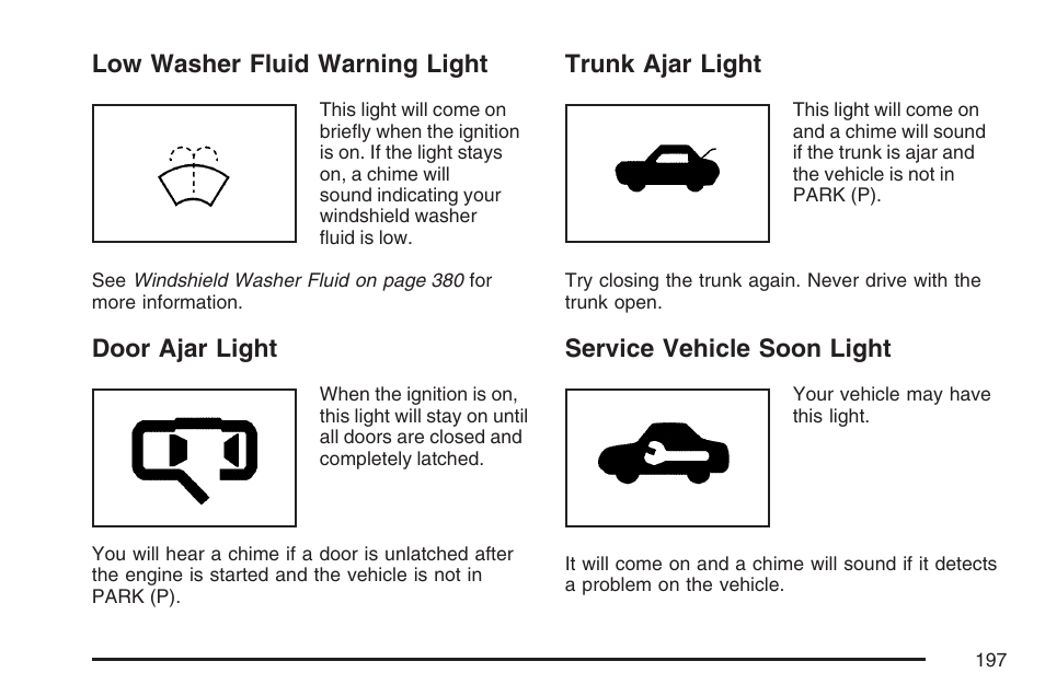 Low washer fluid warning light, Door ajar light, Trunk ajar light | Service vehicle soon light | Buick 2007 LaCrosse User Manual | Page 197 / 512