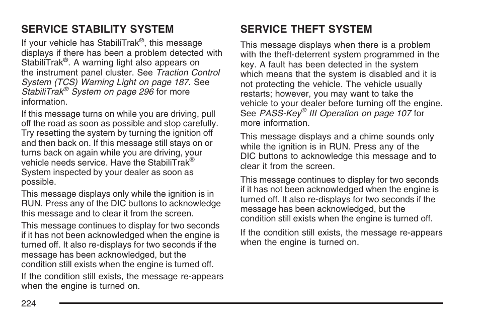 Service stability system, Service theft system | Buick 2007 LaCrosse User Manual | Page 224 / 512