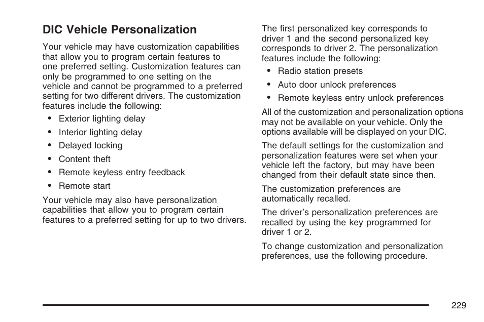 Dic vehicle personalization | Buick 2007 LaCrosse User Manual | Page 229 / 512