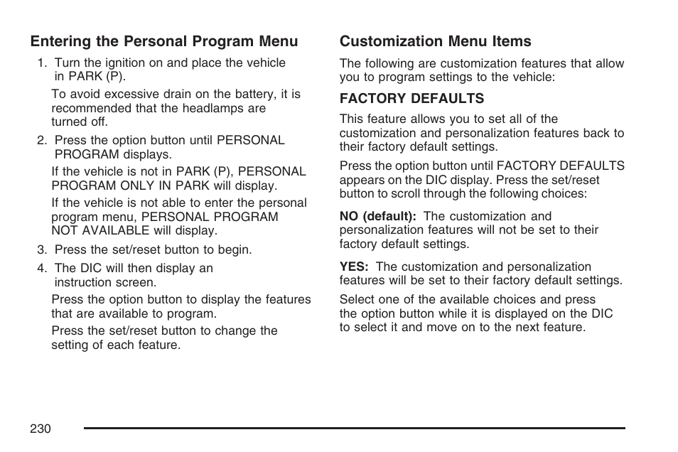 Entering the personal program menu, Customization menu items | Buick 2007 LaCrosse User Manual | Page 230 / 512