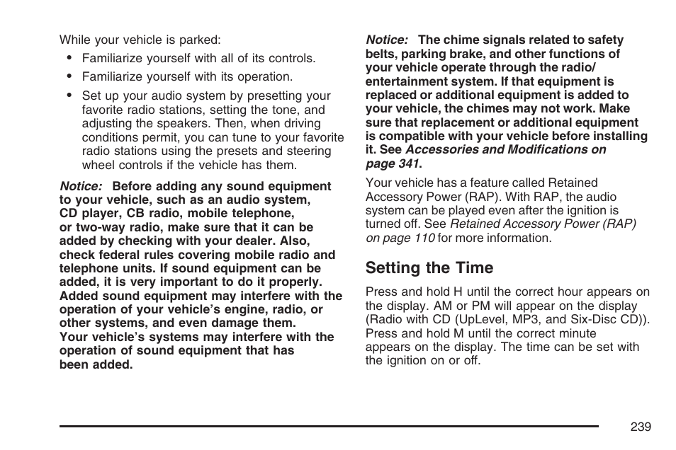 Setting the time | Buick 2007 LaCrosse User Manual | Page 239 / 512