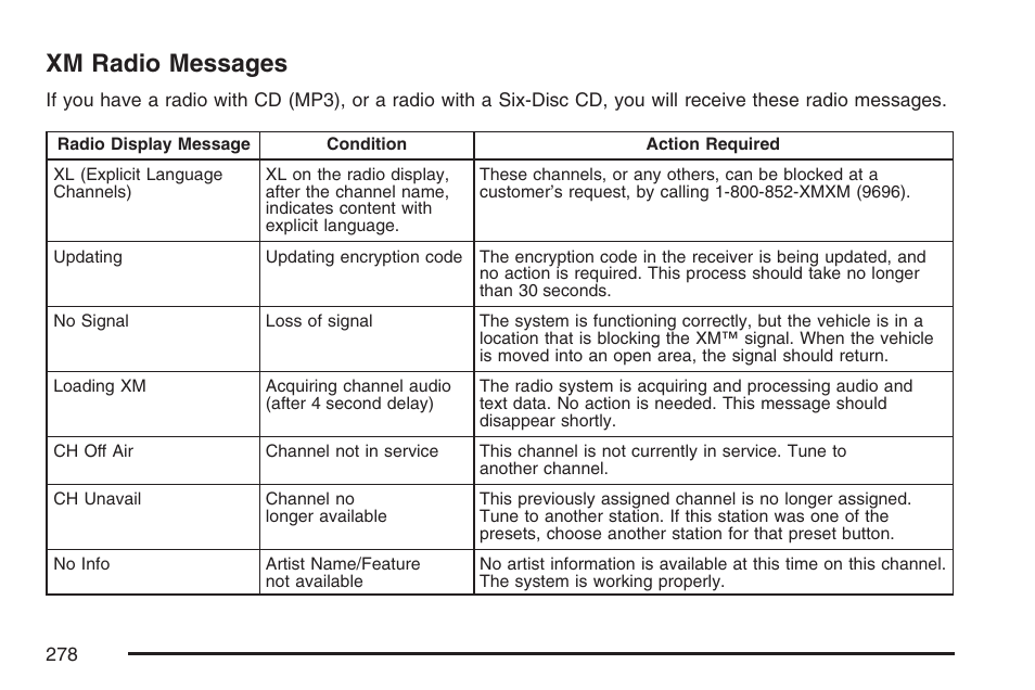 Xm radio messages | Buick 2007 LaCrosse User Manual | Page 278 / 512