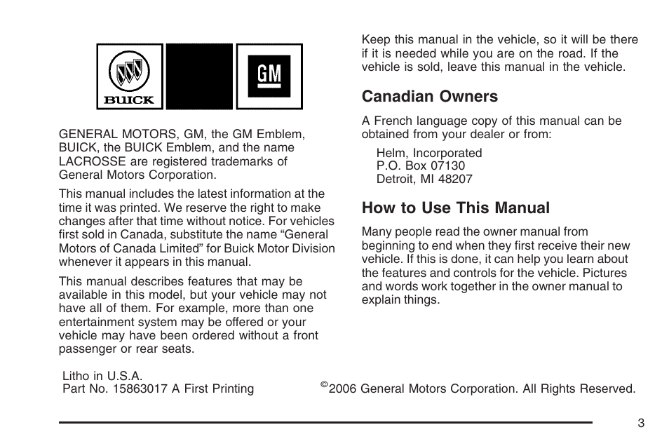 Canadian owners, How to use this manual | Buick 2007 LaCrosse User Manual | Page 3 / 512