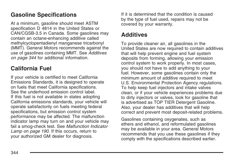 Gasoline specifications, California fuel, Additives | Gasoline specifications california fuel additives | Buick 2007 LaCrosse User Manual | Page 344 / 512